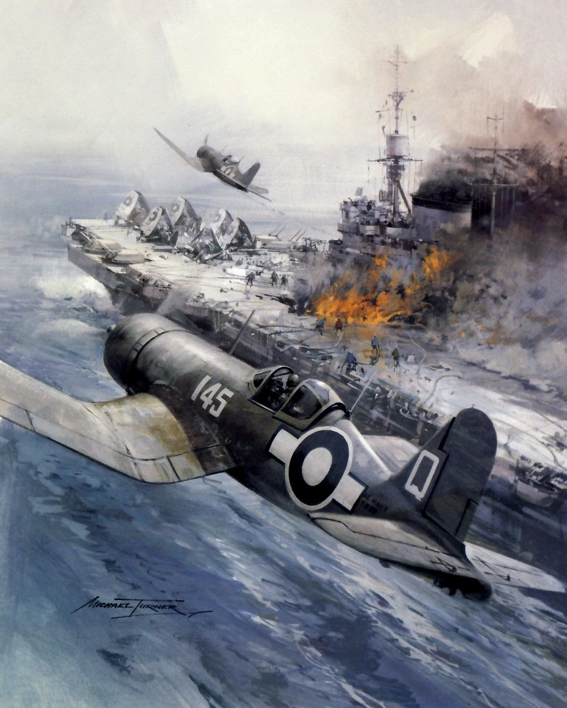 : A Corsair flies over HMS Illustrious, hit by a kamikaze. In reality, its armored roof was never perforated.