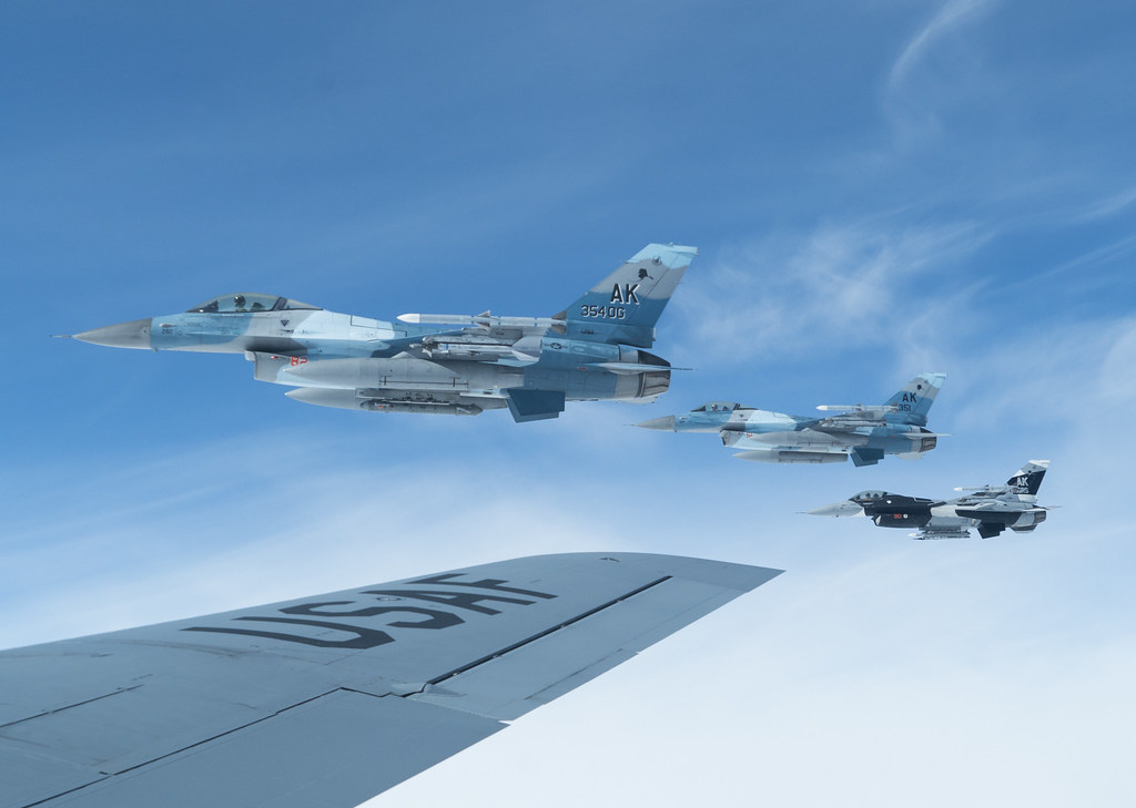 : General Dynamics (its aviation unit now part of Lockheed Martin) F-16 Fighting Falcons assigned to the 18th Aggressor Squadron, Eielson Air Force Base, Alaska