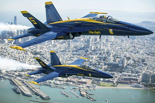 U.S. Navy 'Blue Angels' fly over the San Francisco Bay during a photo flight ©  Robert Sullivan