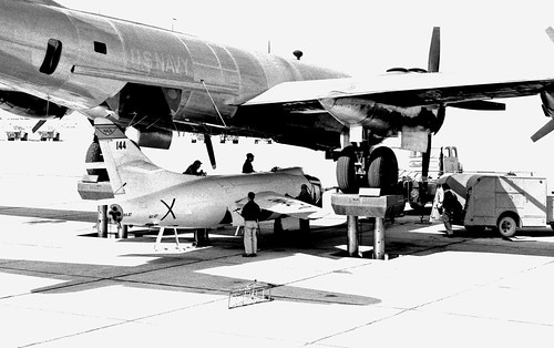 NACA B-29 (P2B variant) on jacks to accept the Douglas D-558-2 #2 