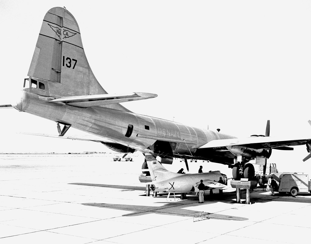 : NACA B-29 (P2B variant) on jacks to accept the Douglas D-558-2 #2 