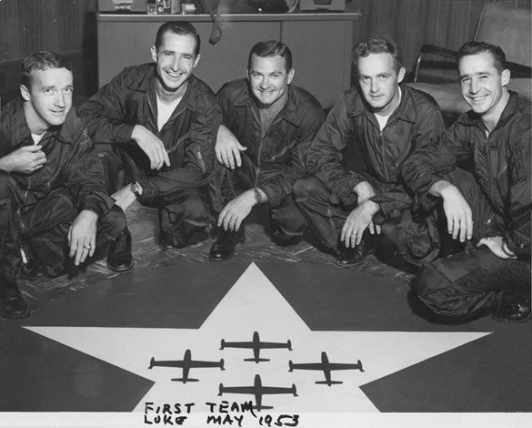 : FROM LEFT: Capts. Robert Kanaga and Charles Pattillo; Maj. Richard Catledge; Capts. Robert McCormick and Cuthbert Pattillo, the original 'Thunderbirds' pilots.