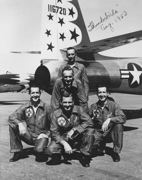 : Capt. Cuthbert Pattillo, left; 1st Lt. Aubry Brown, standing; Capt. Robert McCormick, middle, Maj. Richard Catledge, front middle; and Capt. Charles Pattillo. August 1953.