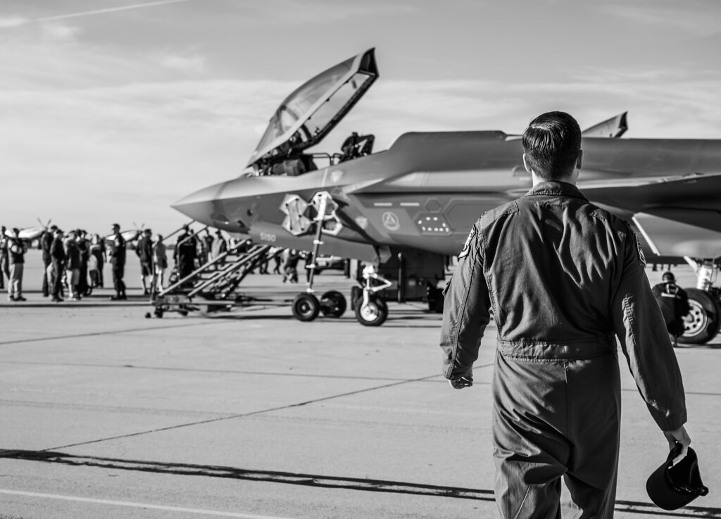 : Capt. Andrew Dojo Olson, F-35 'Demonstration Team' pilot and commander steps to an Lockheed Martin F-35A Lightning II 