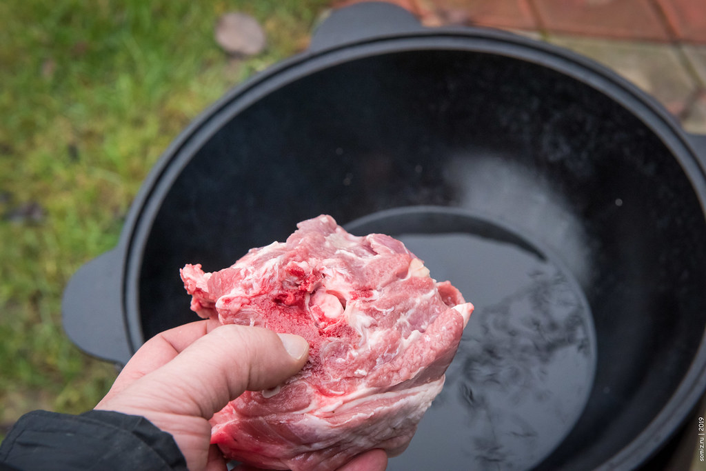 : The meat is put in a cauldron