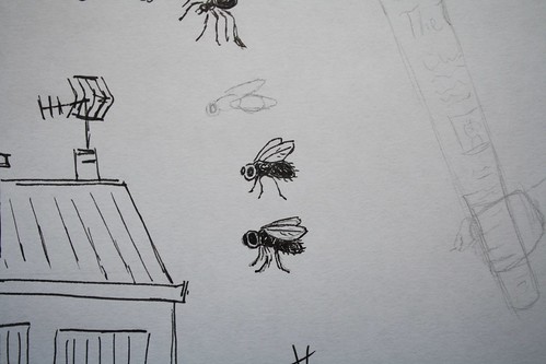 Sketches of building, fly, newspaper swatting ©  foam