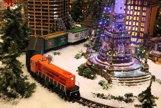 Closeup of a Train Passing the Indiana War Memorial: Soldiers & Sailors Monument at Jingle Rails