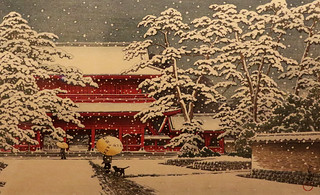 Hasui Kawase  (?; 18 maggio 1883 – Ōta, 7 novembre 1957)) Il tempio Zōjō-ji nella neve  (1929) - Museo delle Belle Arti di Boston - esposizione “Hokusai, Hiroshige, Hasui. Viaggio nel Giappone che cambia” Pinacoteca Agnelli, Torino