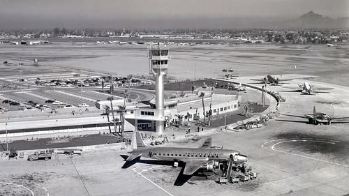 Sky Harbor Airport terminal, Phoenix, Arizona view looking northwest, circa 1953 ©  Robert Sullivan