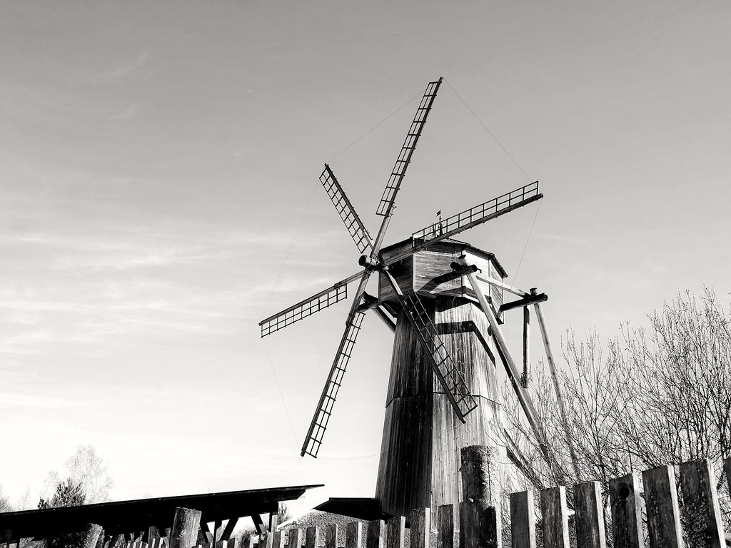 : Wooden mill in clear sky