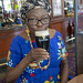 DSC_6249 Gifty Ghanian Singer in Blue African Dress Out on the Town at The Masque Haunt Old Street Shoreditch London JD Wetherspoon Pub with a pint of Guinness Beer