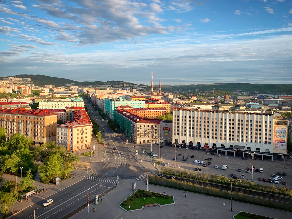 : Panorama view of the town Murmansk during the midnight sun, Russia, June 2019