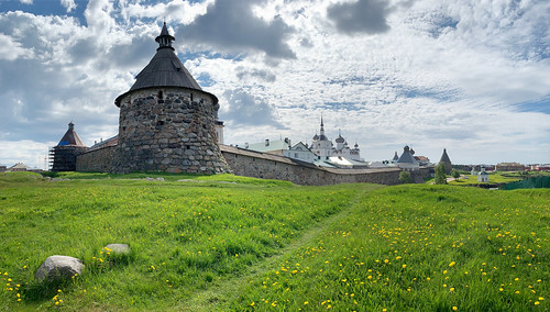 Old fortification walls and towers of the Solovetski monastery on the green grass hill, Solovki, Russia, June 2019 ©  sergei.gussev