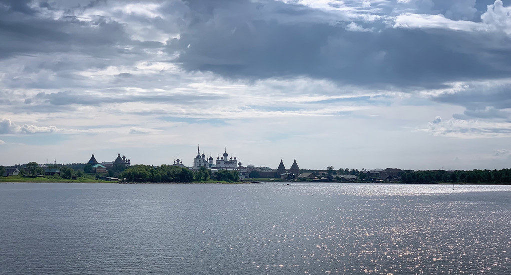 : Clouds over the White Sea and Solovetsky Monastery, Solovki, Russia, June 2019