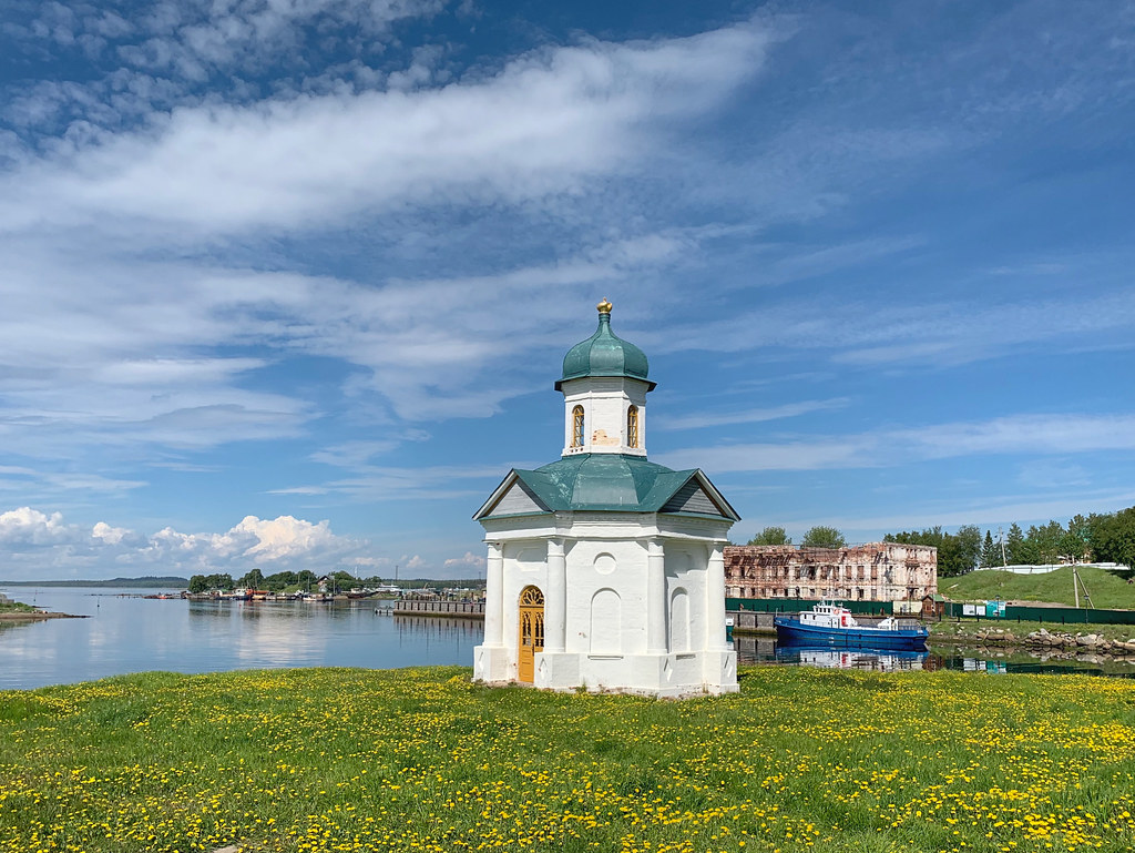 : Chapel of Alexander Nevsky on the shore of the White Sea, Solovki, Russia, June 2019
