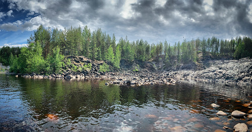 Reflection of trees in the water of river Suna flowing through the remains of Girvas volcano, Karelia, Russia, June 2019 ©  sergei.gussev