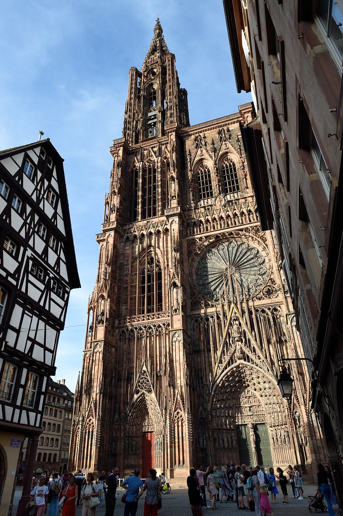 : Cath'edrale Notre Dame of Strasbourg, France from Rue Merci`ere