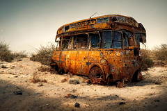 Prompt used: rusty school bus abandoned in desert radiator head light