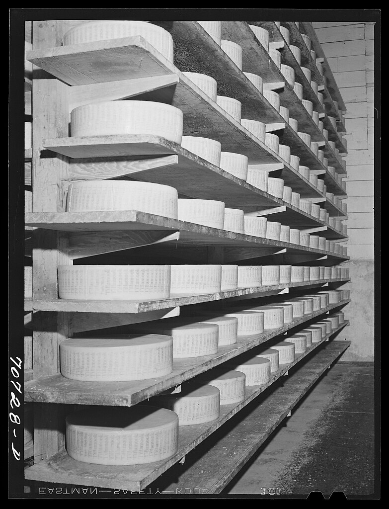 : Tillamook cheese plant, Tillamook, Oregon. Cheese aging. Cheese made in Tillamook county had a value of 1,765,482 dollars in 1940 (LOC)