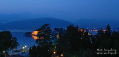 Night view of Isola Bella and Lake Maggiore from Hotel Royal, Stresa, Northern Italy