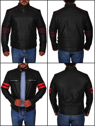 TrendHoop Mens Joe Biker Lambskin Leather Old School Strip Designs Motorcycle Jacket
