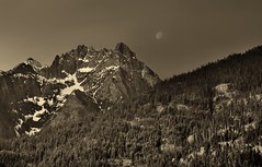 The Moon Setting over Castle Rock and the Bonanza Massif Range (Black & White, North Cascades National Park Service Complex)