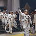 2. On July 16, 1969, Apollo 11 astronauts (from left) Buzz Aldrin, Michael Collins, and Neil Armstrong head for the van that will take the crew to the rocket for launch to the moon at Kennedy Space Center in Merritt Island, Florida. # Associated Press
