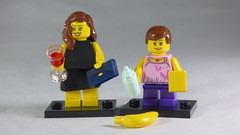 Brick Yourself Custom Lego Minifigures - Mum with wine & Purse & Daughter with Baby Bottle, Cheese & Banana