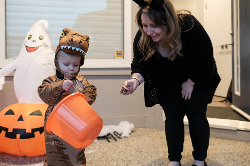 henry halloween 2018 pumpkin orange dinosaur trex tyrannosaurusrex jurassicpark costume cosplay toddler baby trickortreat trickortreating ghost bucket
