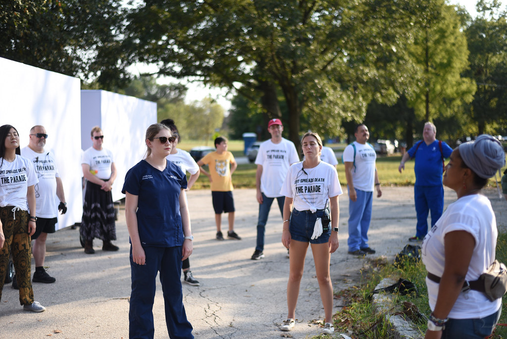 Volunteers preparing for the arrival of paraders.