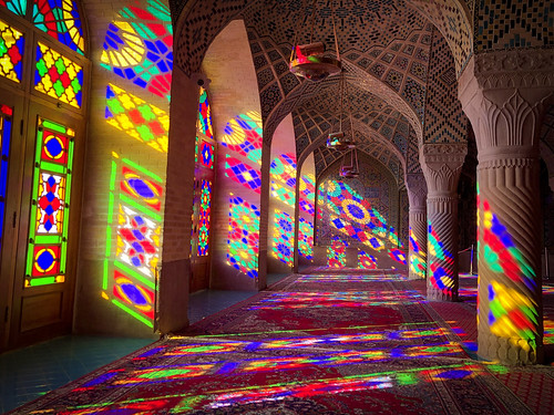 Iran, Shiraz - Morning light through colourful windows in the Pink Mosque - October 2019