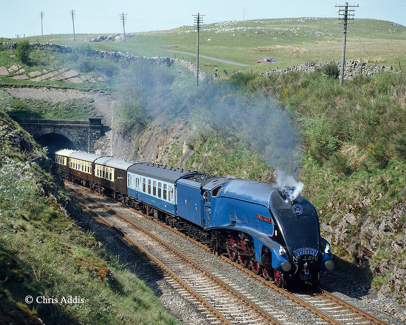 A4 Pacific, 4498 'Sir Nigel Gresley' exits Birkett tunnel with a southbound charter on the 14th May 1988. 
