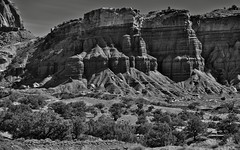 Layer Upon Layer of Rock Showing Eras in the Earth and History (Black & White, Capitol Reef National Park)