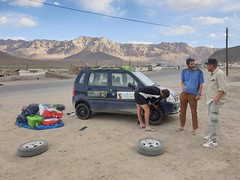 A Mongol Rally Team, with some car issues.