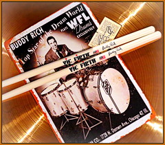 Buddy Rich metal sign, drumsticks and autographed ticket from April 1976 when I met him backstage after his show at Ottawa N.A.C. !!