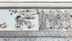 Ara Pacis Augustae, Augustus center (front of body missing), four flamines stand on the right (note projecting olivewood dowels)
