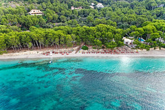 Drone shot of playa de Formentor, Cala Pi de la Posada on Majorca. Beautiful beach with pine trees