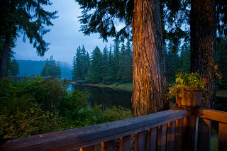 Copy of Lodge Exterior - Overlook Inlet with Boardwalk Bkgrnd - Flower Pot and Trees