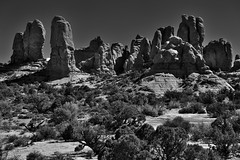 Towering Rock Formations Across the Utah Desert (Black & White, Arches National Park)
