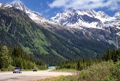 Mountains loom over Rogers Pass in Canadian Rockies