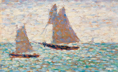 Two Sailboats at Grandcamp (Deux voiliers Ã Grandcamp) (ca. 1885) by Georges Seurat. Original from Barnes Foundation. Digitally enhanced by rawpixel.