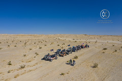 A group of off road vehicles line up to race across the desert.