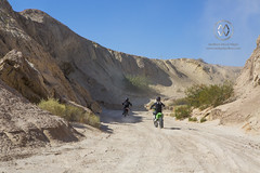 Dirt bikers ride through the desert.