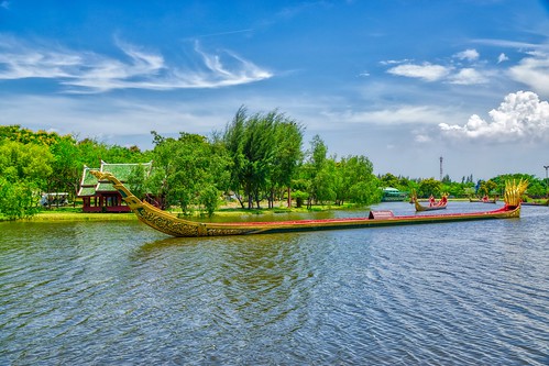 Replica of the Royal Barge procession in a lake in Muang Boran (Ancient City) in Samut Phrakan near Bangkok, Thailand