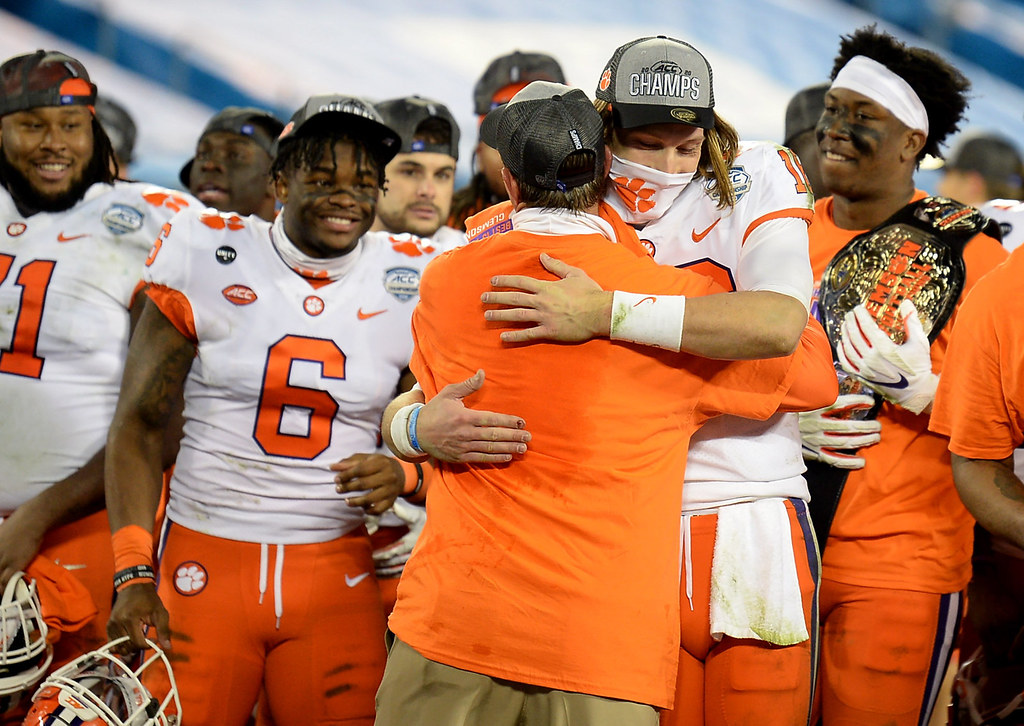 Clemson Football Photo of Dabo Swinney and Trevor Lawrence and notredame and accchampionship