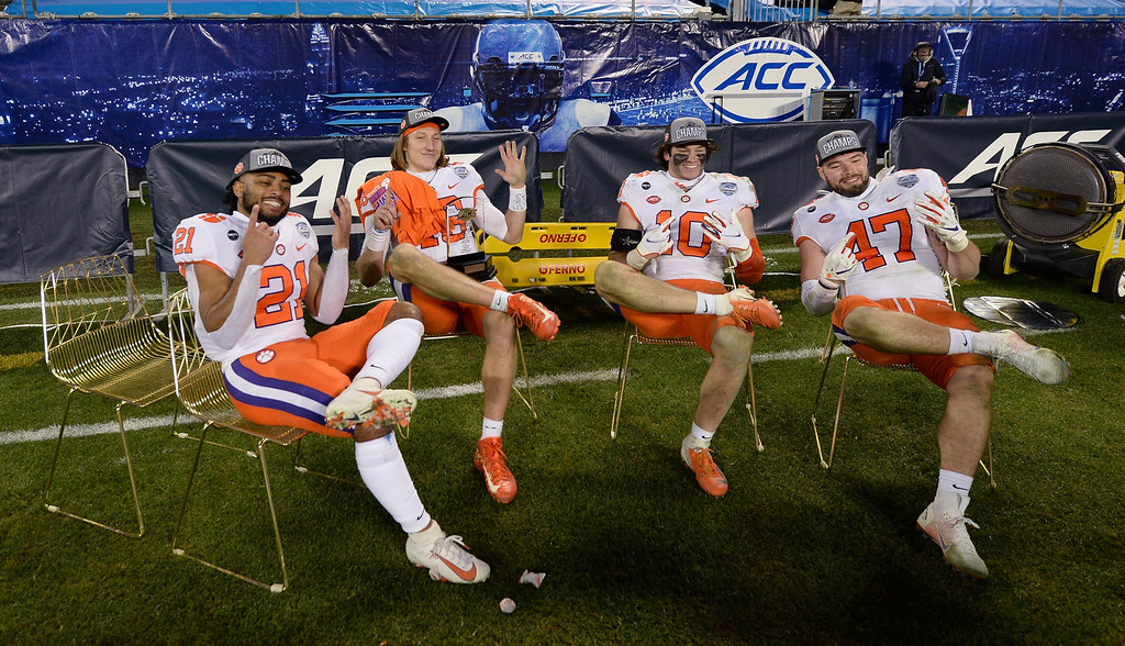 Clemson Football Photo of Baylon Spector and Darien Rencher and James Skalski and Trevor Lawrence and notredame and accchampionship