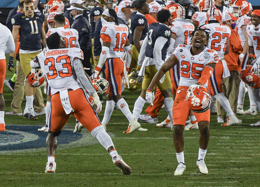 Clemson Football Photo of Jalyn Phillips and Ruke Orhorhoro and notredame and accchampionship