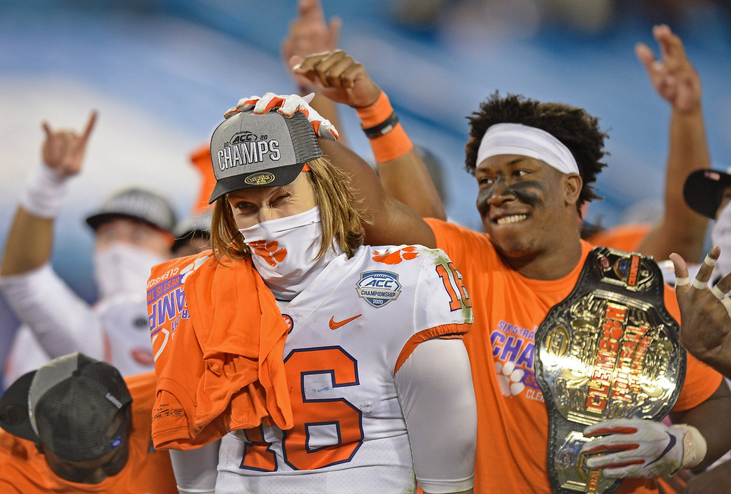 Clemson Football Photo of KJ Henry and Trevor Lawrence and notredame and accchampionship