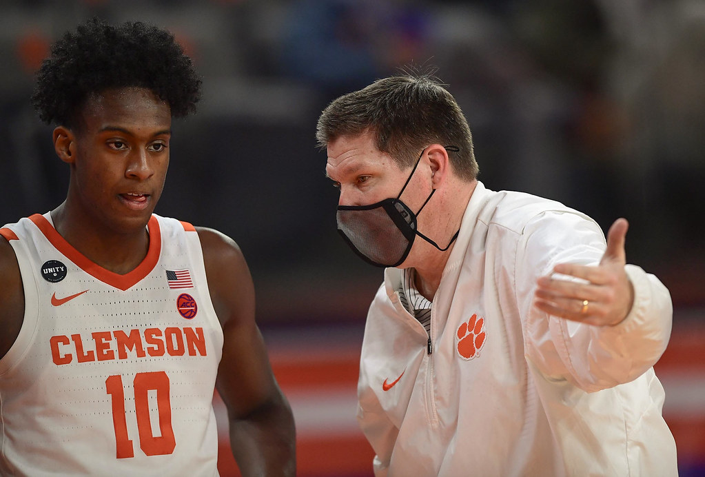 Clemson Basketball Photo of Brad Brownell and Olivier-Maxence Prosper and NC State