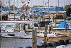 Digital Colored Pencil Drawing of a busy Oxford Boatyard, Oxford MD